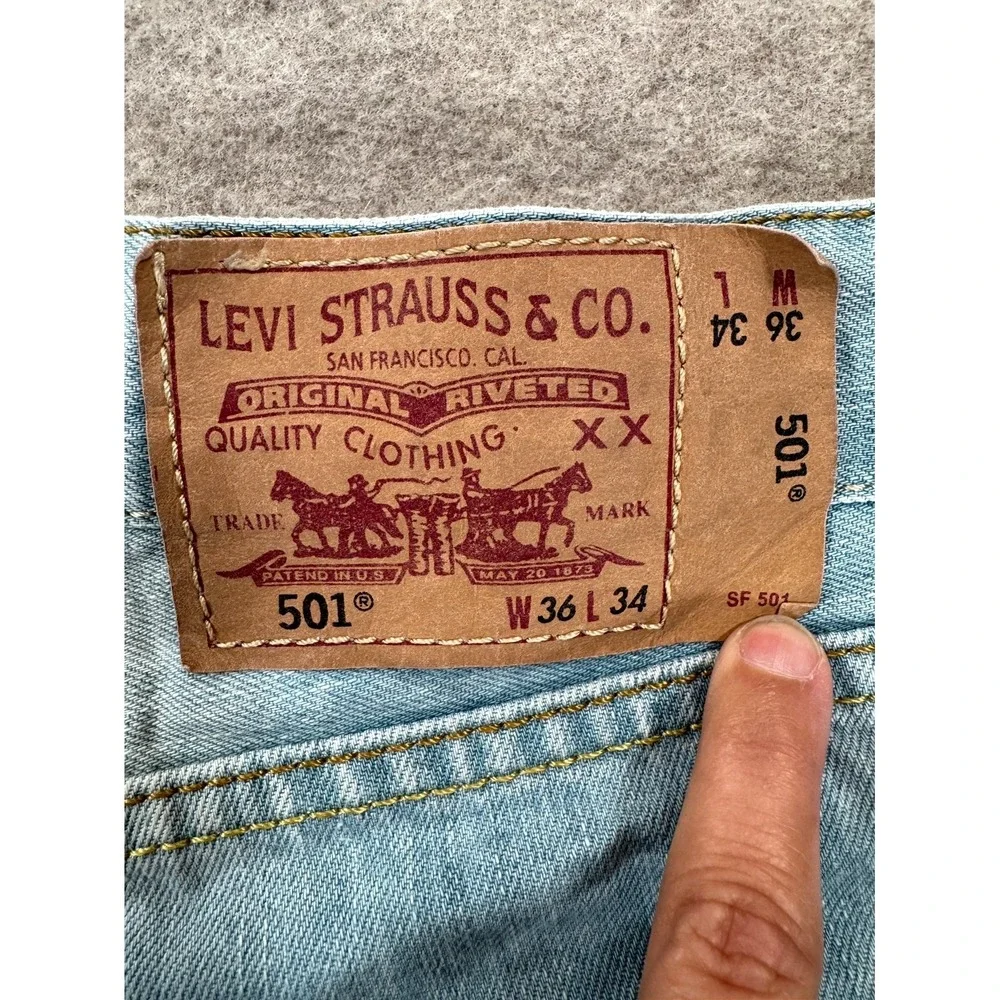 Levi's 501 Jeans Mens 36x34 Light Blue Denim Distressed Straight Leg Button Fly